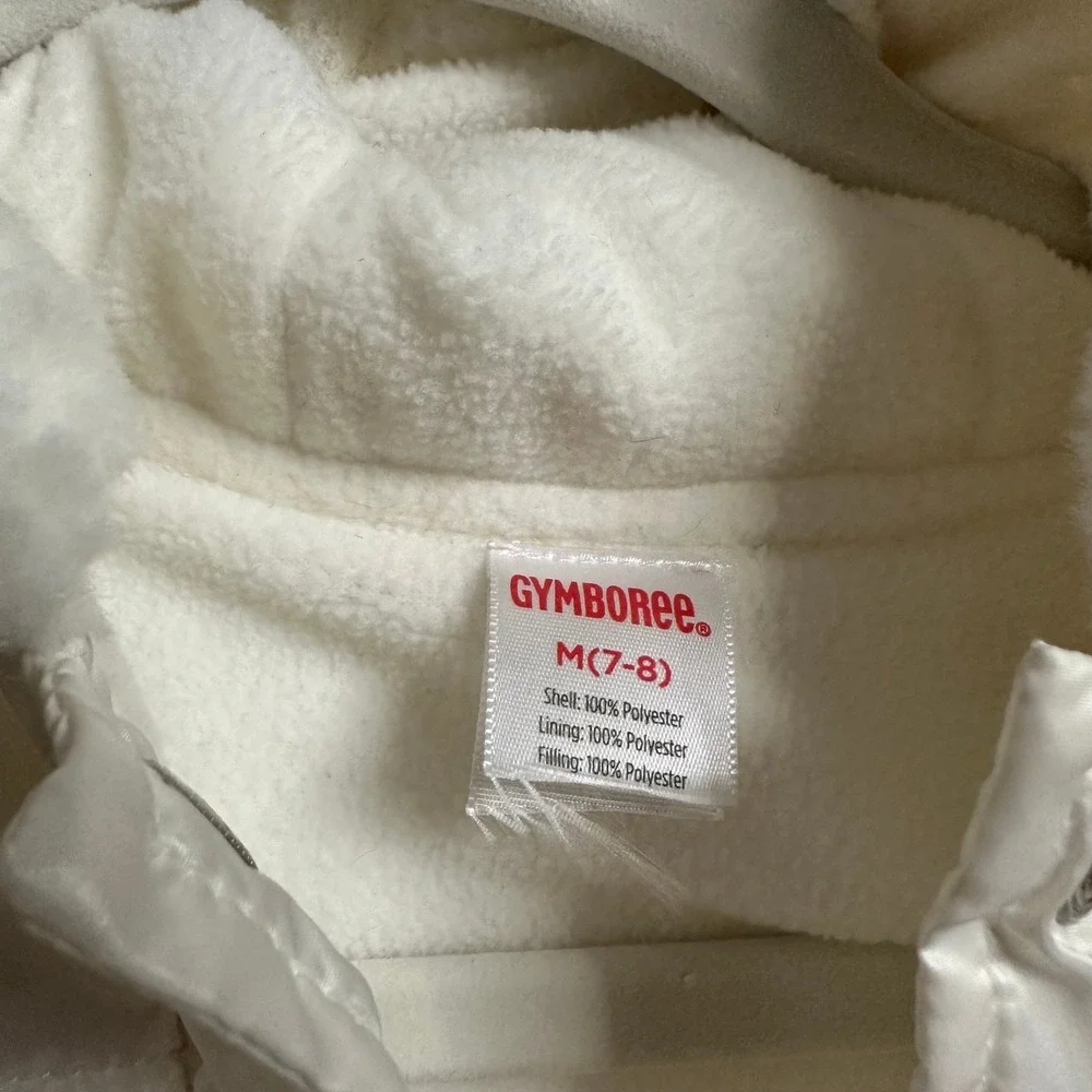 Gymboree Puffer Vest Girls 7-8 White Glossy Faux Fur‎ Hooded Sleeveless Jacket